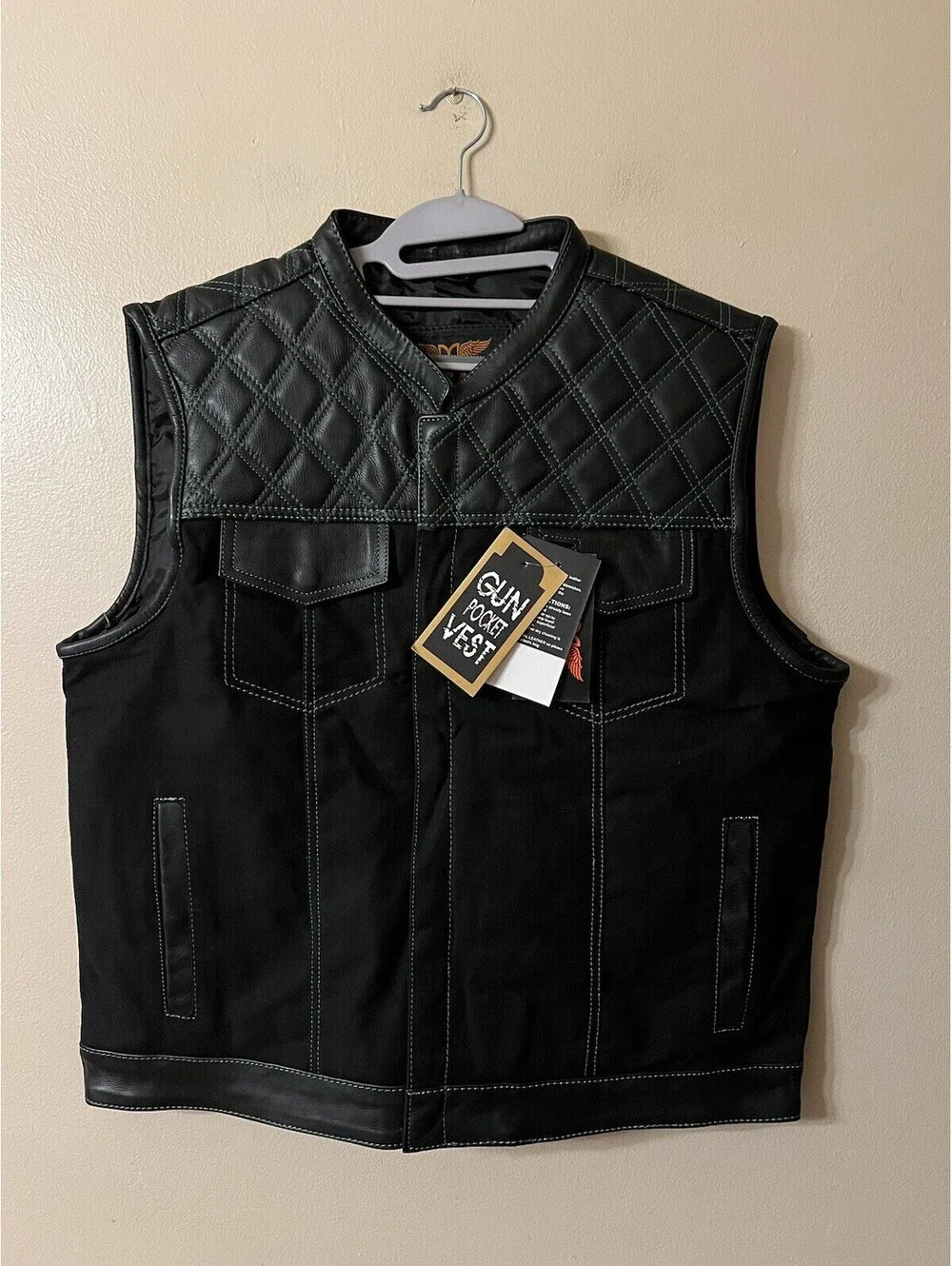 Dream Apparel Black Club Vest Diamond Design Green Thread Leather & Denim 50 XL